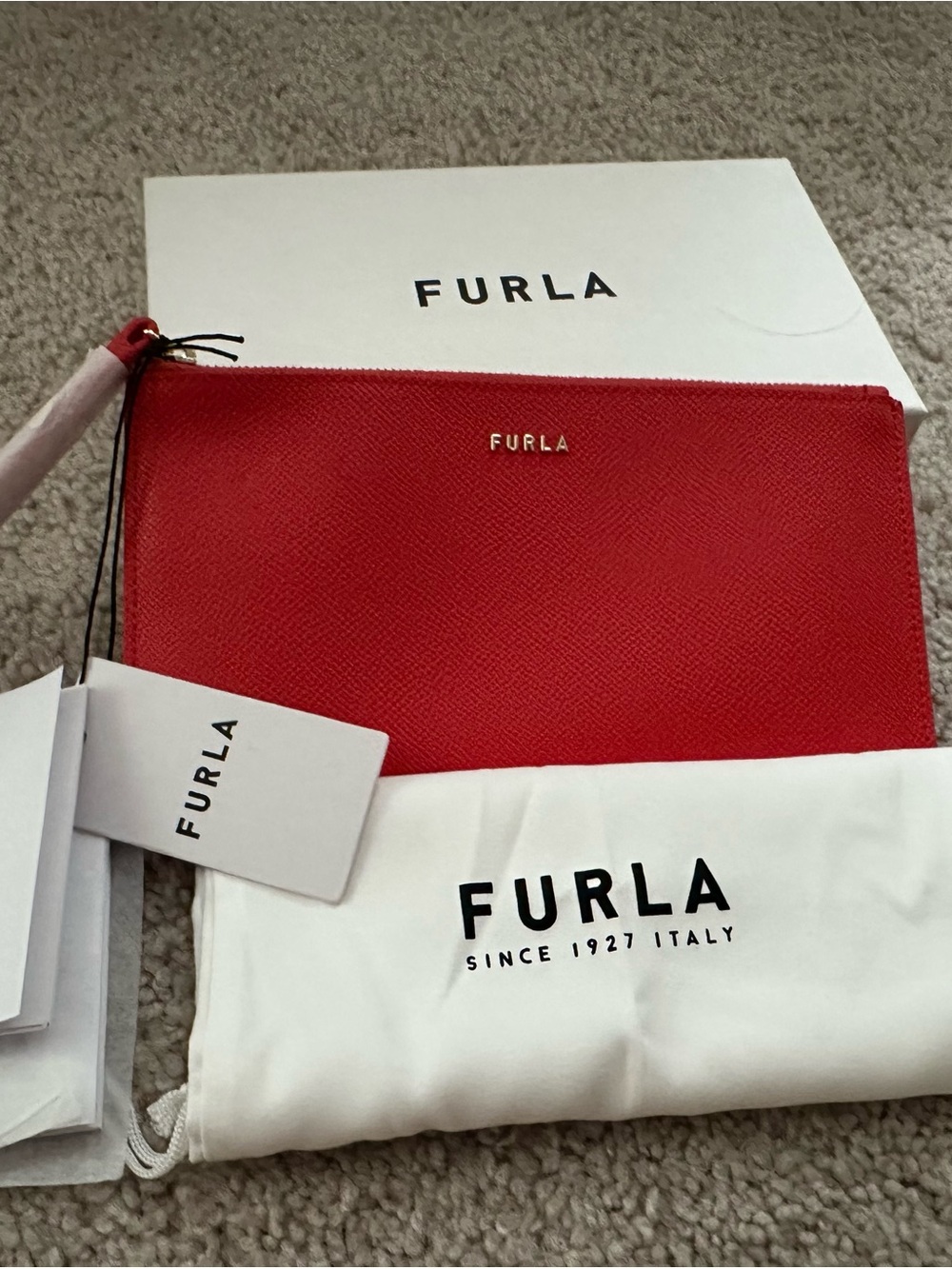 Furla Red Leather Wristlet Pouch with Gold Logo
